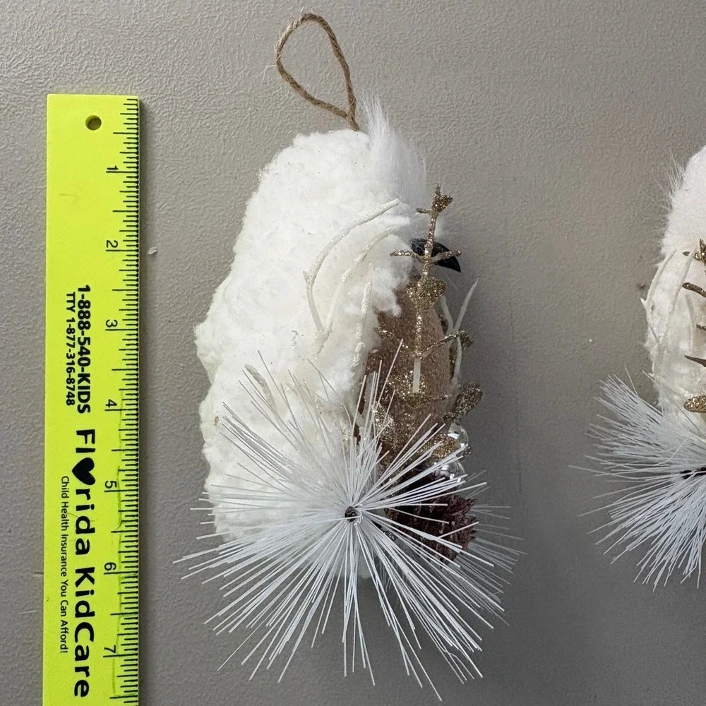 Set of 2 White Faux Fur Owl Christmas Ornaments Rose Gold Glitter Accents 5